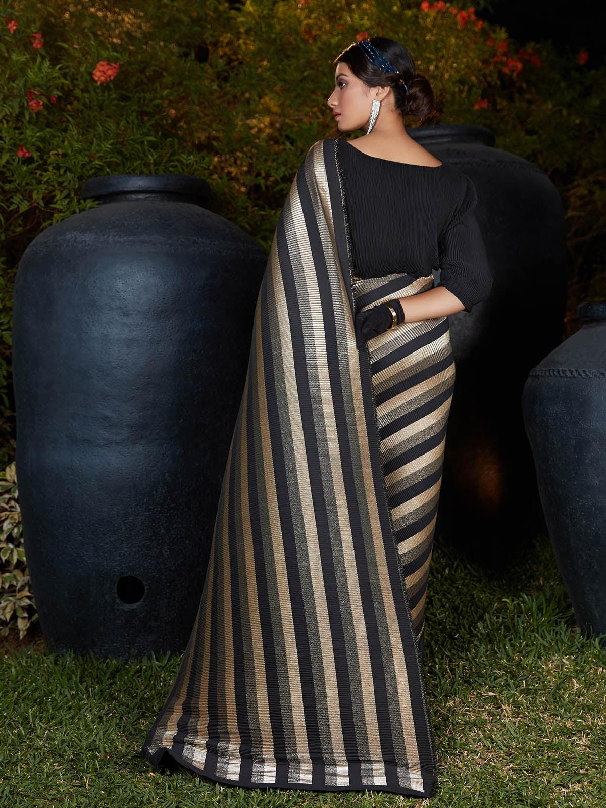 Women's Trendy Black Pleated Silk Saree - Odette