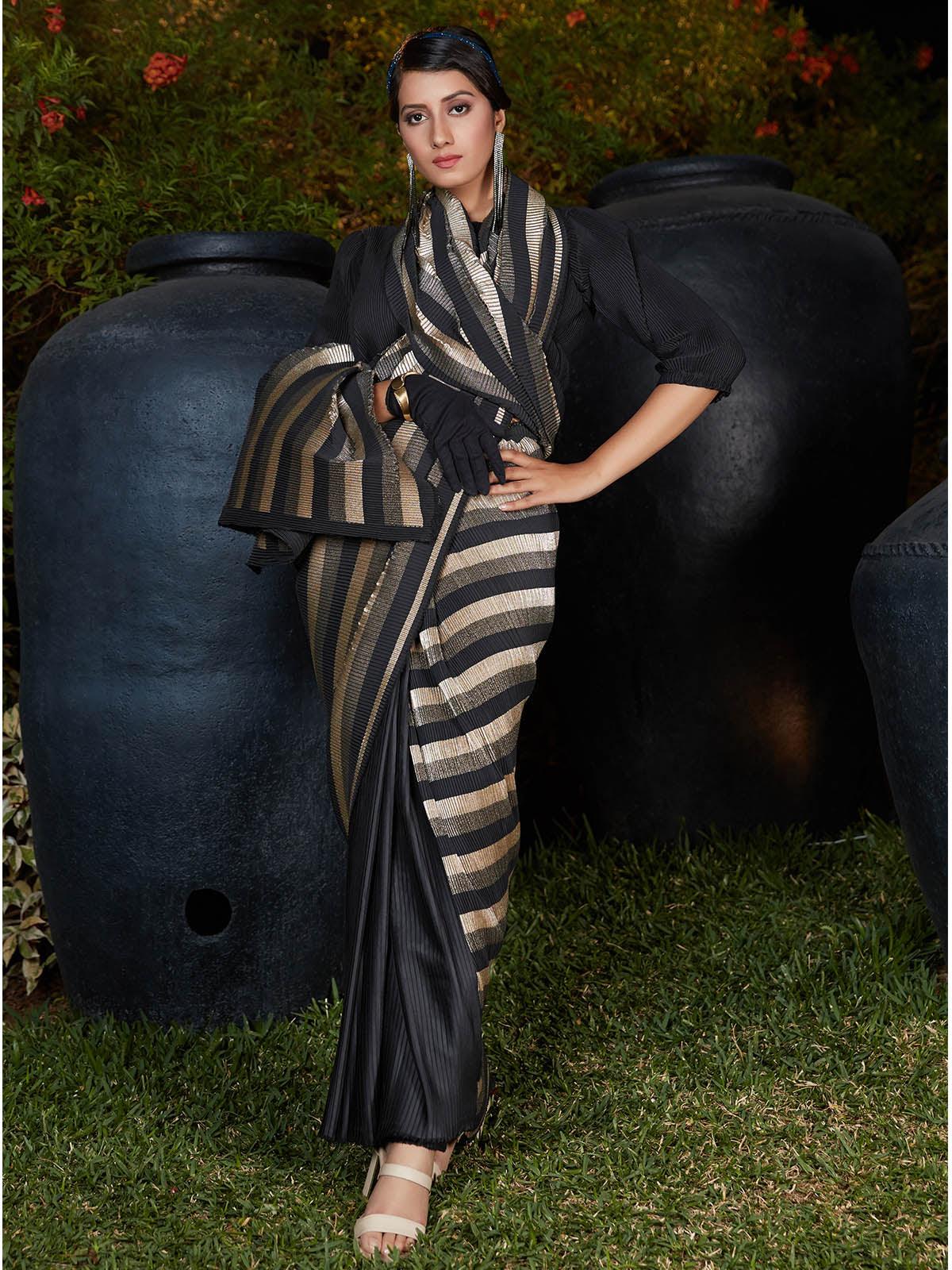 Women's Trendy Black Pleated Silk Saree - Odette