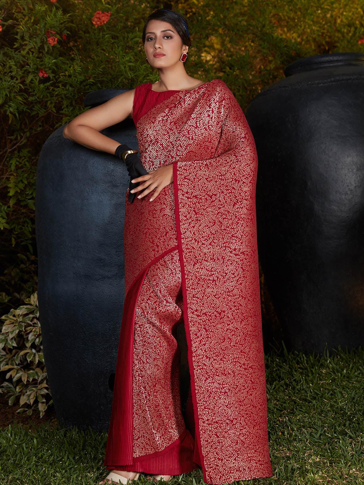 Women's Trendy Maroon Pleated Silk Saree - Odette
