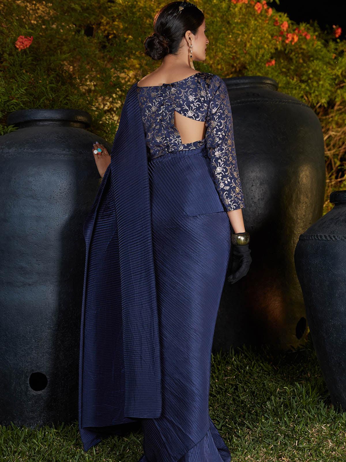 Women's Trendy Navy Blue Pleated Silk Saree - Odette
