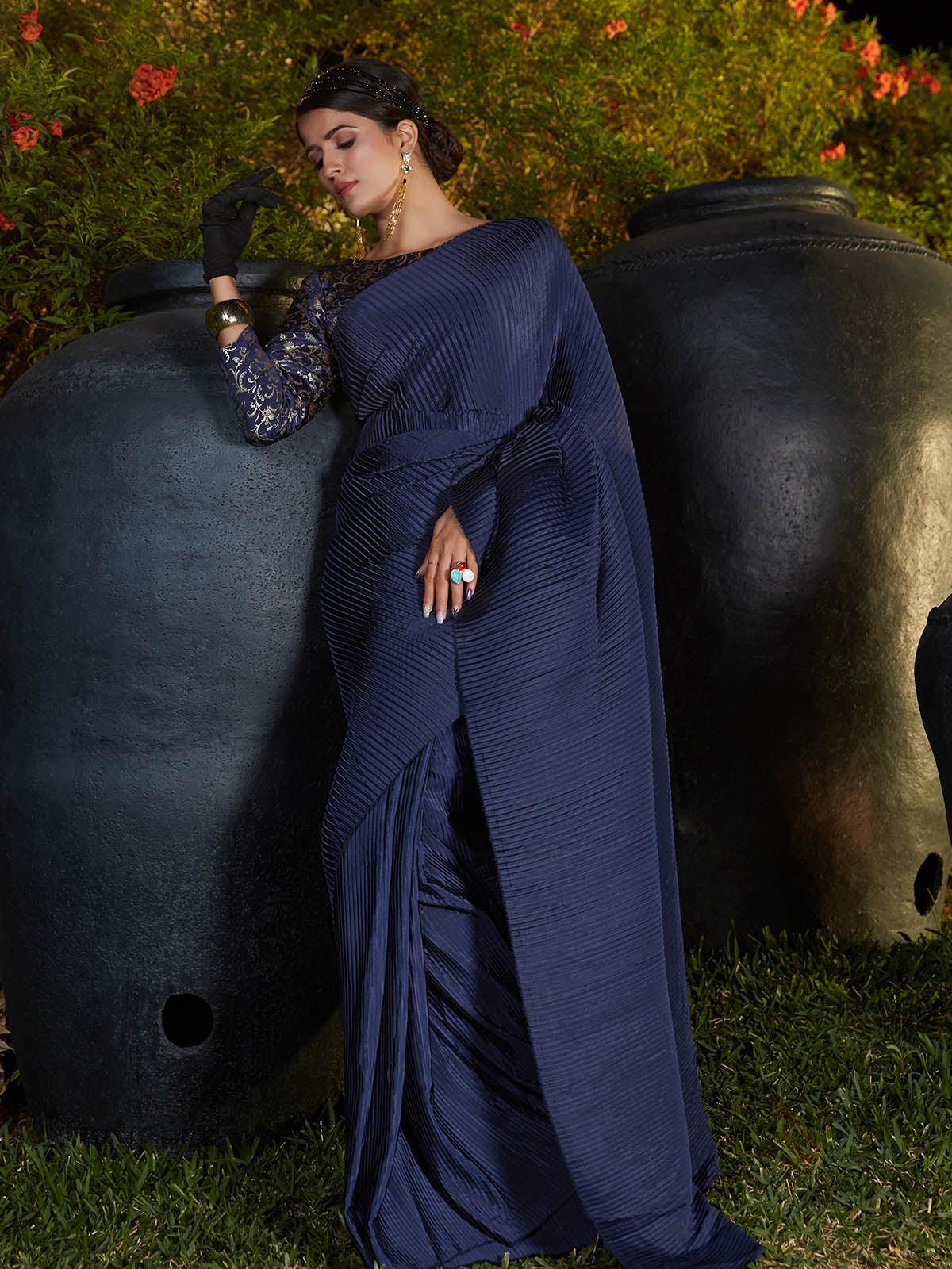 Women's Trendy Navy Blue Pleated Silk Saree - Odette