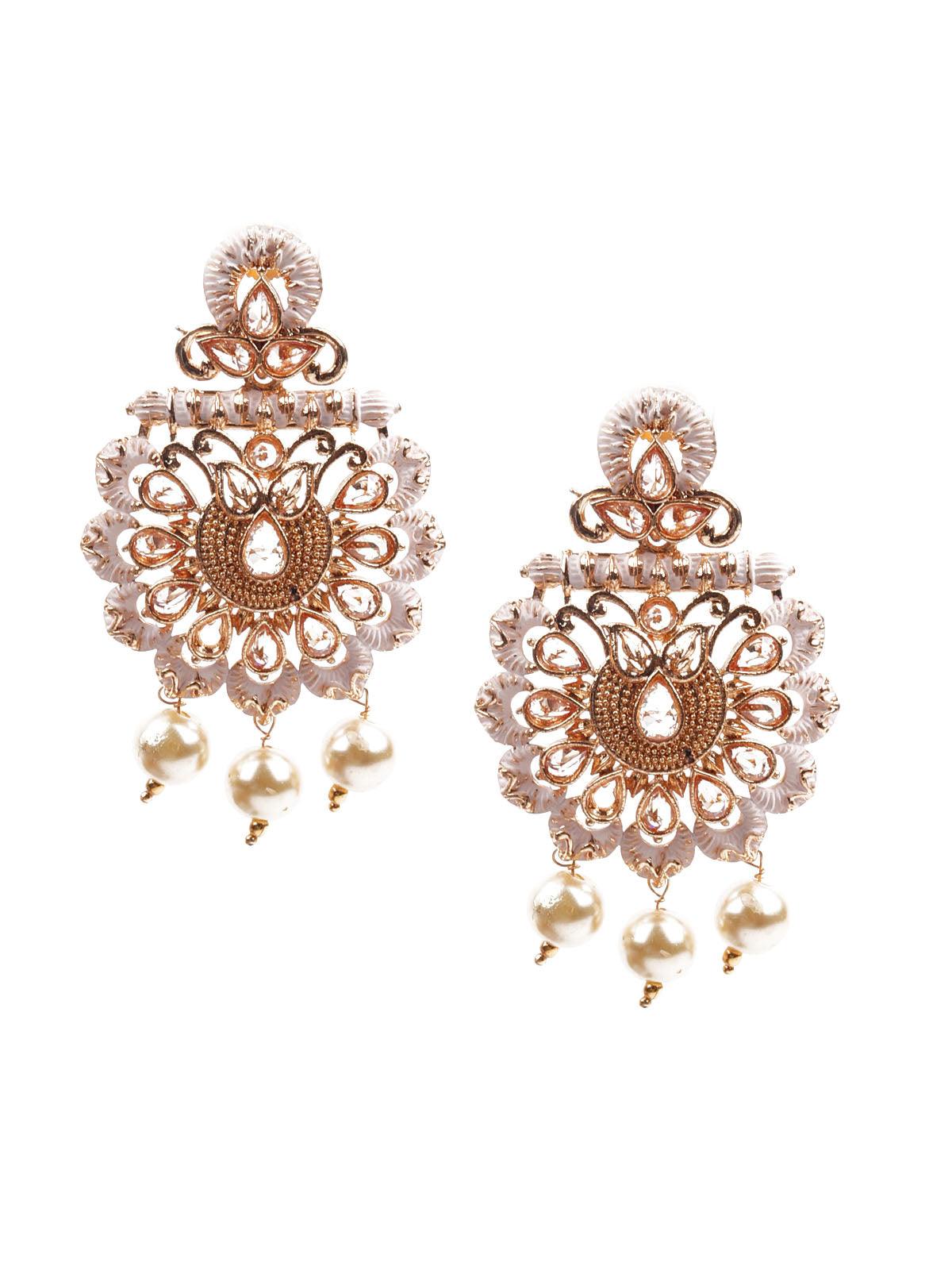 Women's Trendy White And Gold Meenakari Stud Earrings - Odette