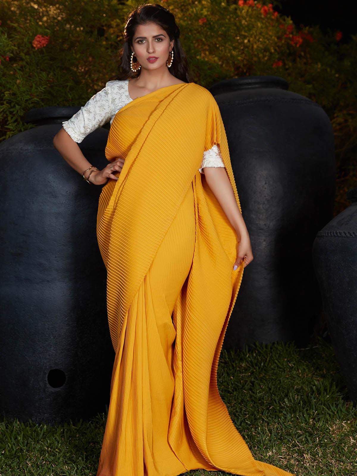 Women's Trendy Yellow Pleated Silk Saree - Odette