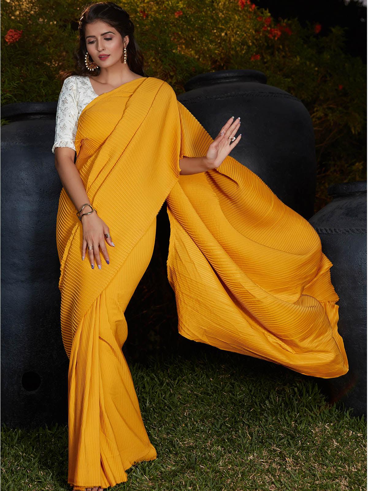 Women's Trendy Yellow Pleated Silk Saree - Odette