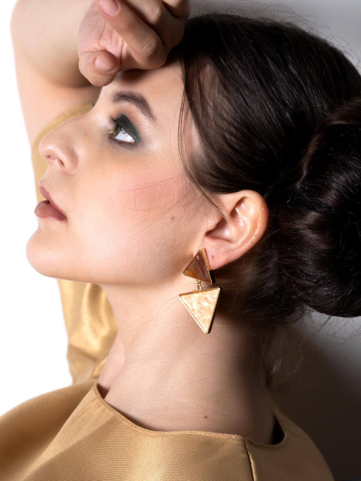 Women's Triangular Fancy Beige Dangle Earrings - Odette