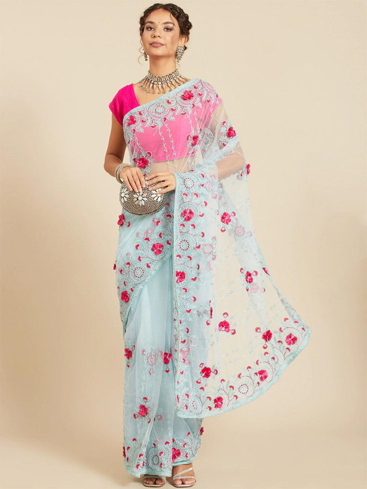 Women's Turquoise Blue Net Embroidered Saree With Blouse Piece - Odette
