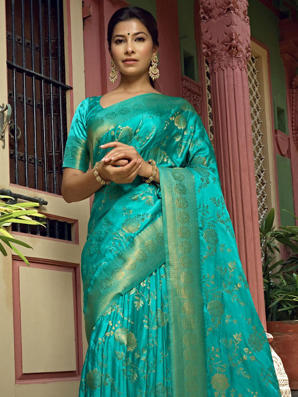 Women's Turquoise Color Art Silk Saree With Art Silk Blouse - Odette