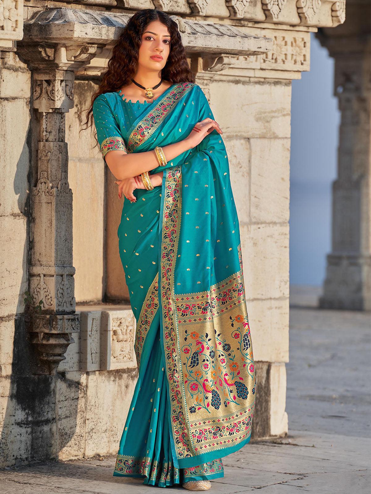 Women's Turquoise Unique Banarasi Silk Paithani Saree - Odette
