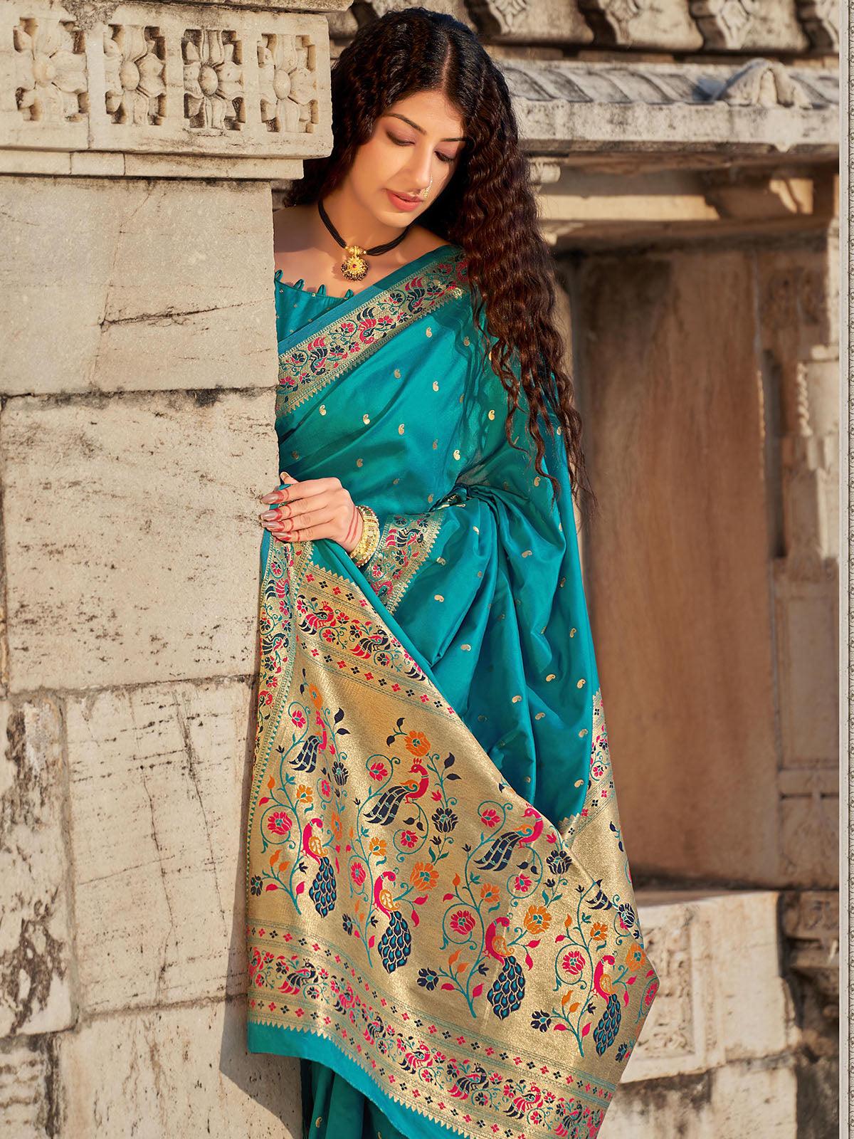 Women's Turquoise Unique Banarasi Silk Paithani Saree - Odette