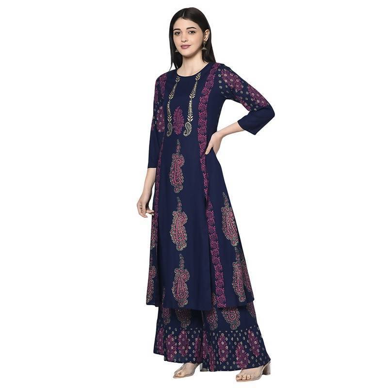 Women's Rayon Block print A-line flared long kurta with two front slits