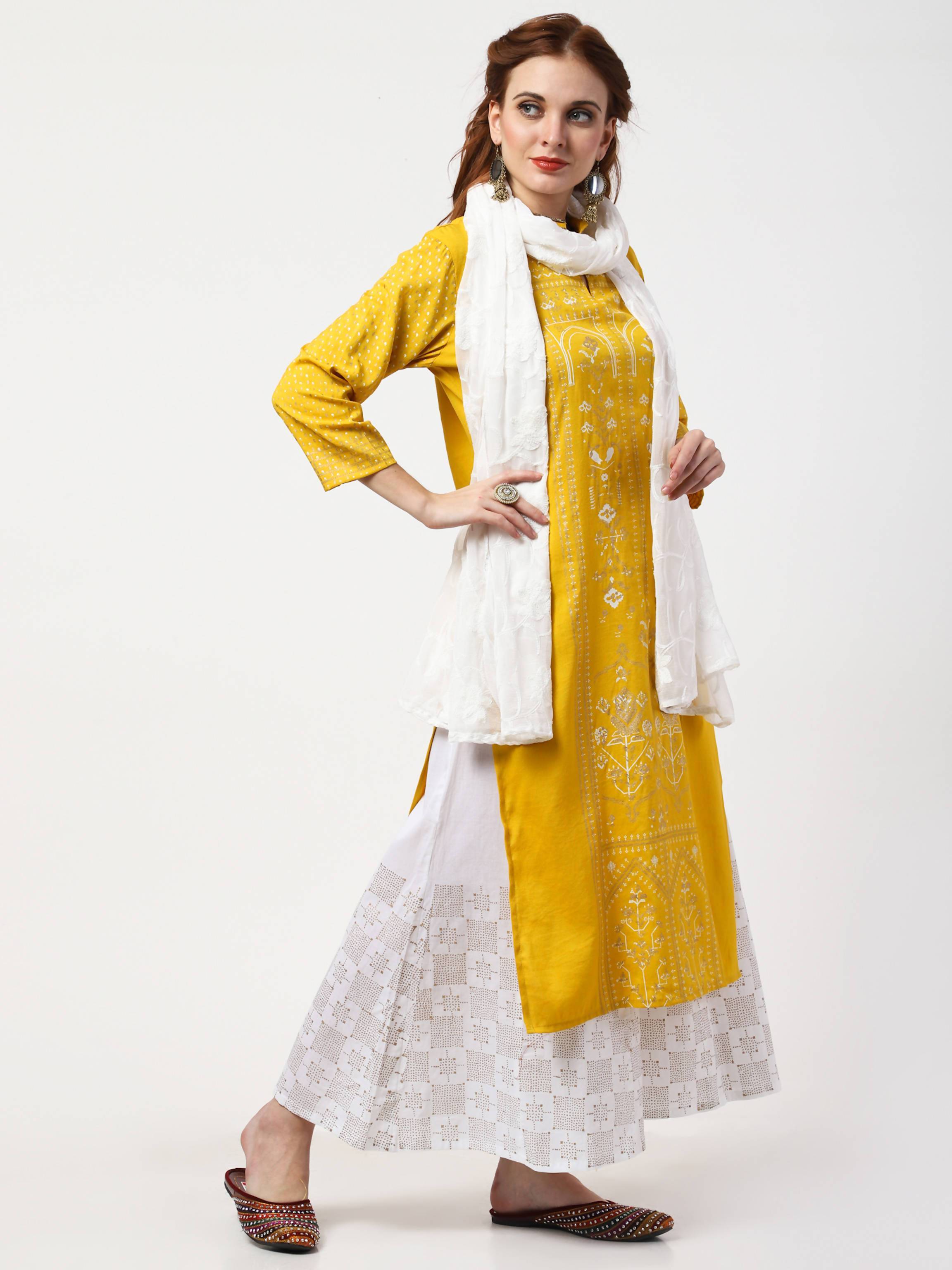 Women's Mustard & White Cotton Chiffon Kurta With Palazzo & Embroidered Dupatta Set - Cheera