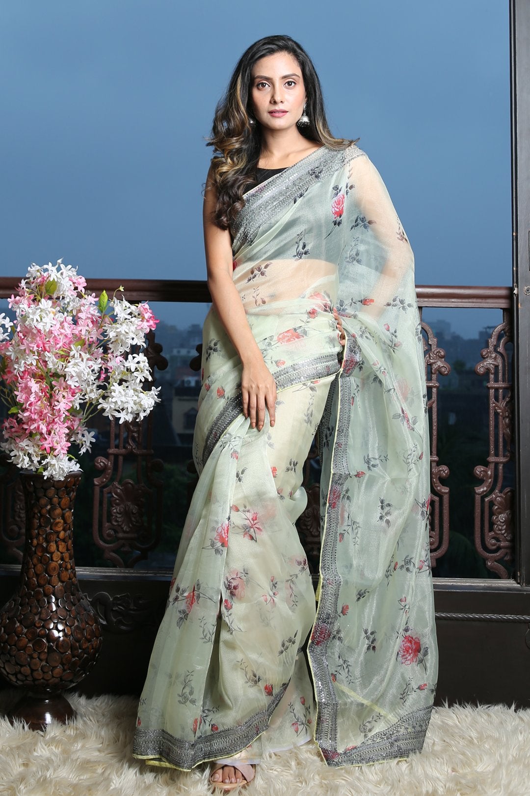 Women's Light pear organza silk with digital print and border - IN WEAVE SAREES