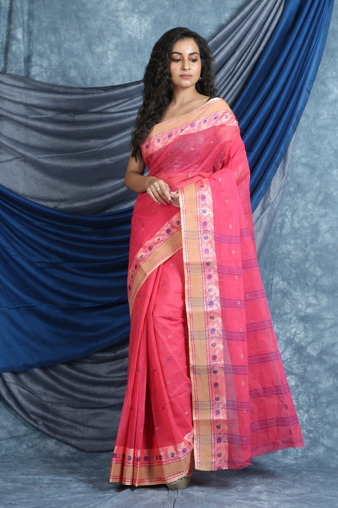 Women's Rose Pink Handwoven Cotton Tant Saree - Arhi