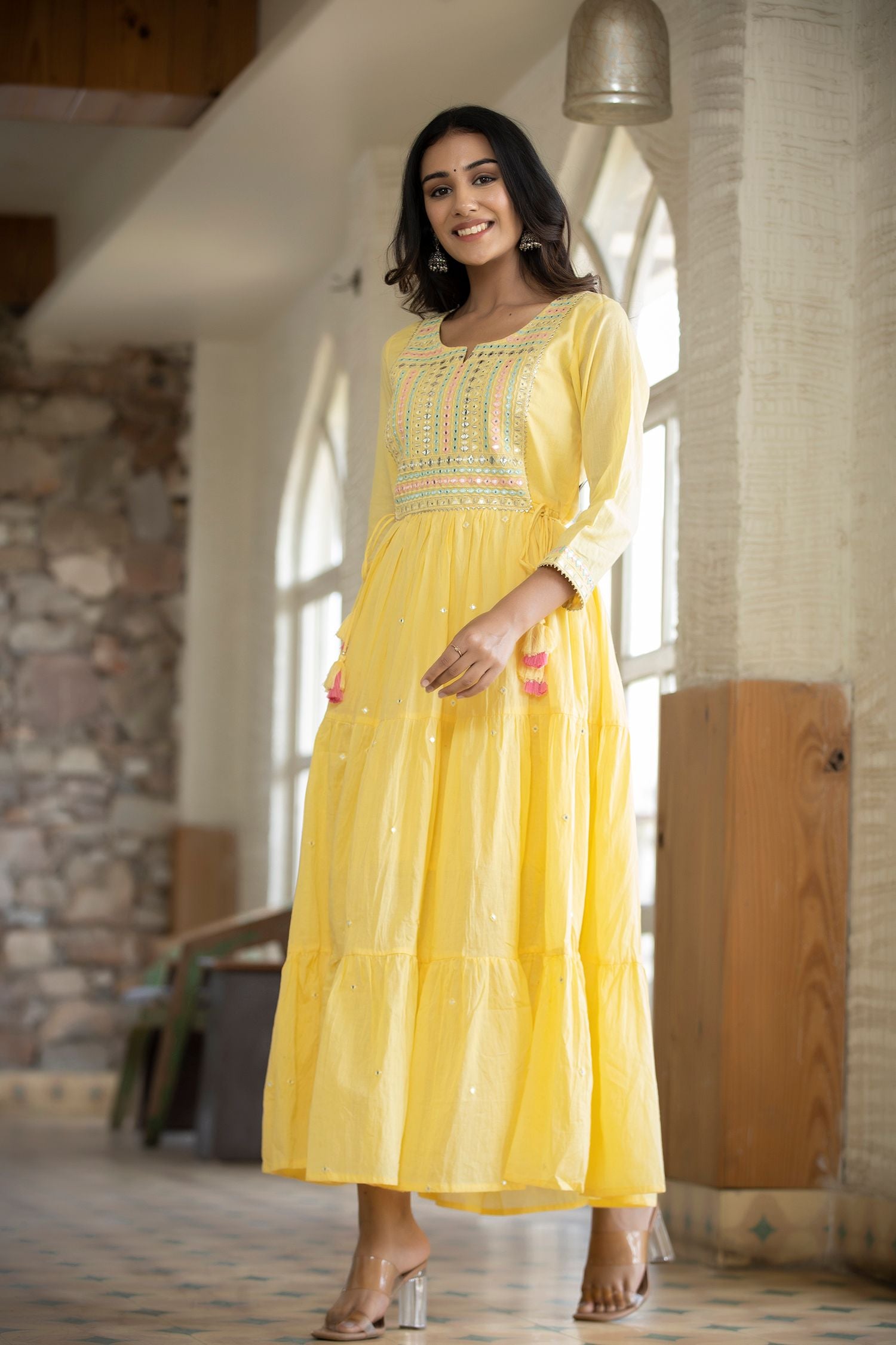 Women's Yellow Mirror Embellishment Anarkali Kurta - KAAJH