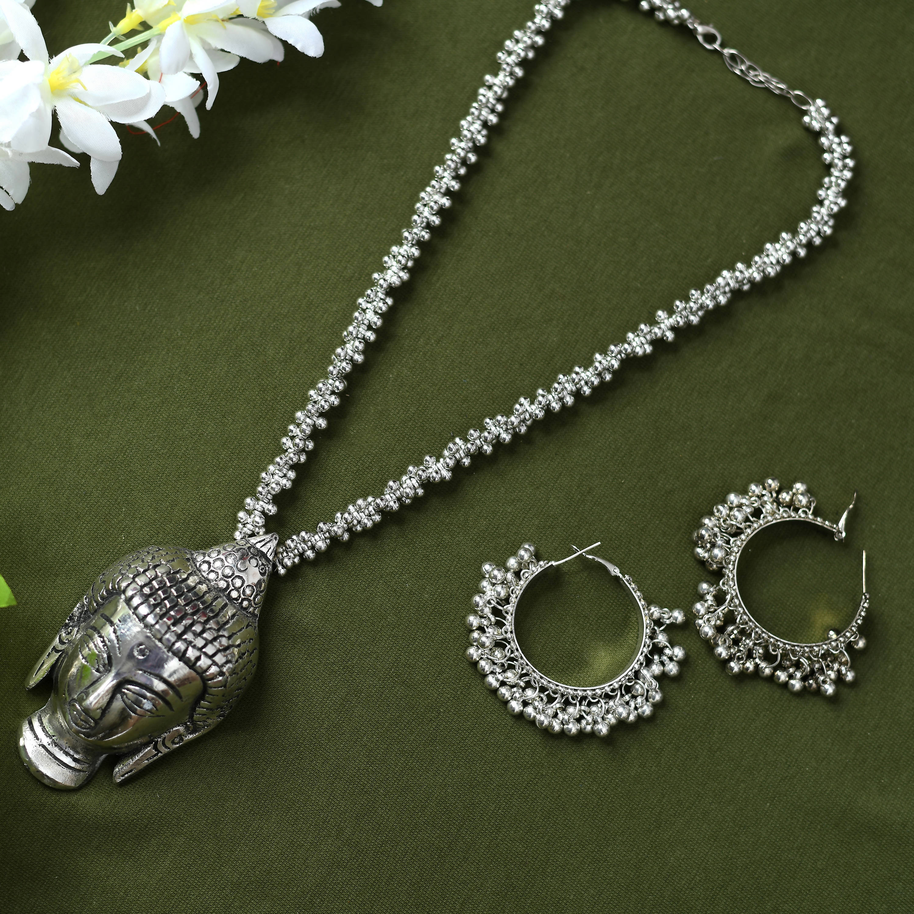 Johar Kamal German Silver Oxidised Budha Necklace with Earrings Jkms_145
