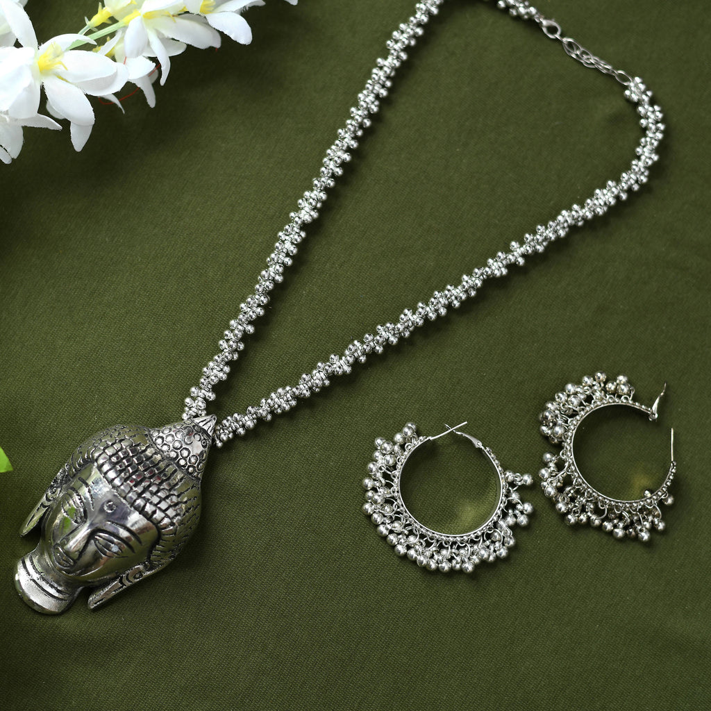 Johar Kamal German Silver Oxidised Budha Necklace with Ear