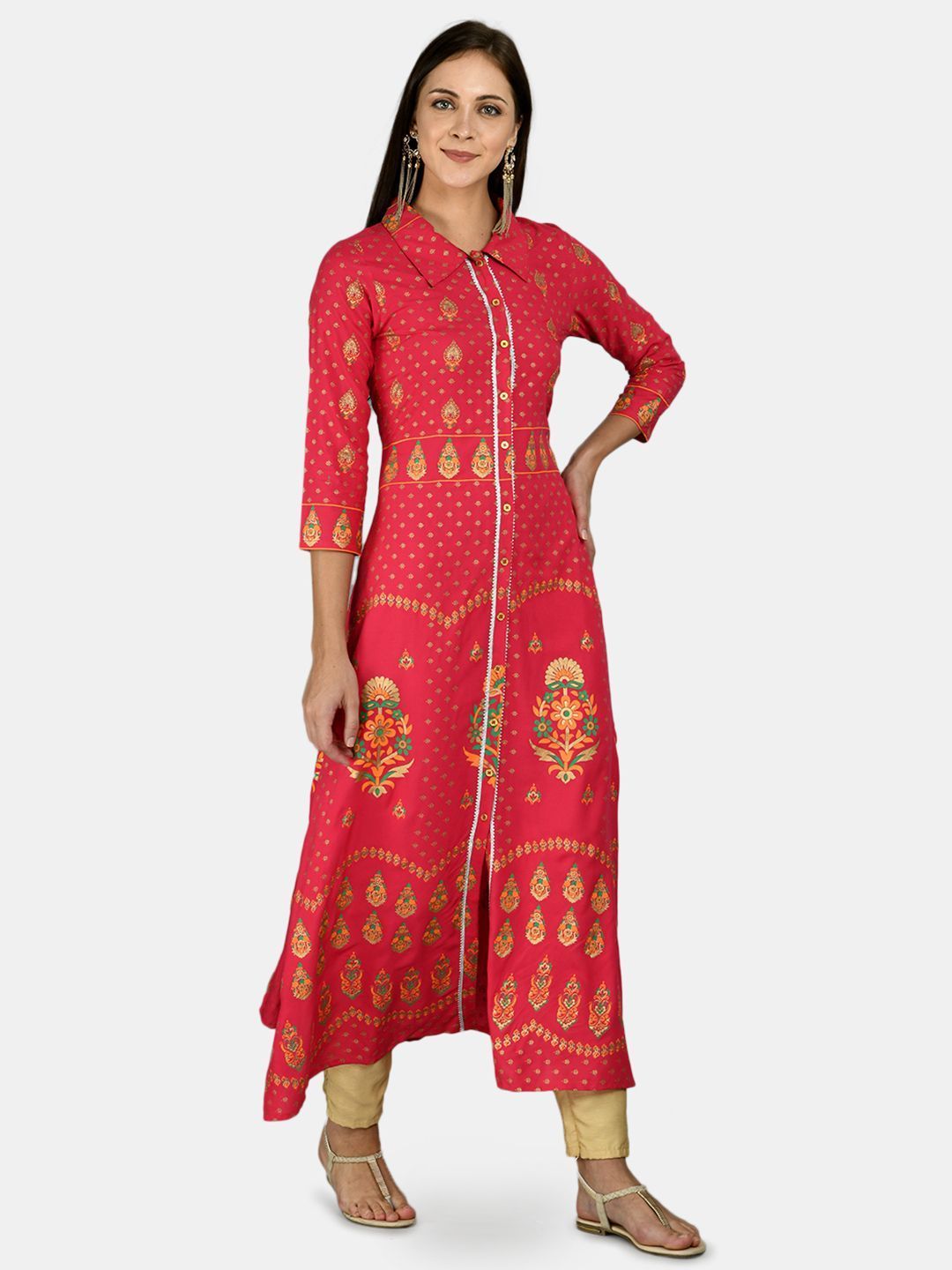 Women's Red Cotton Printed 3/4 Sleeve Shirt Collar Casual Anarkali kurta - Myshka