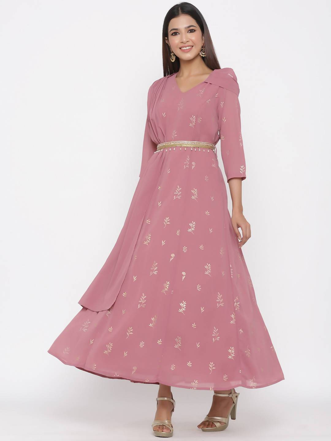 Buy_Women's_Rosegold_Georgette_Printed_Flared_Dress_Online_Trendia