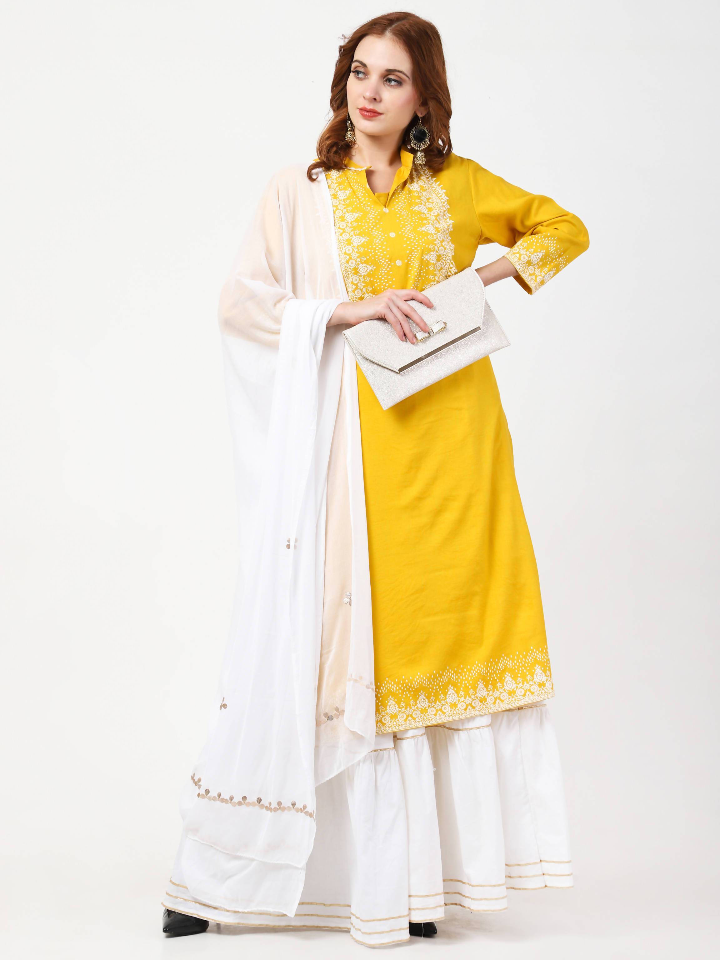 Women's Yellow & White Viscose Rayon Kurta With Skirt & Embroidered Dupatta Set - Cheera