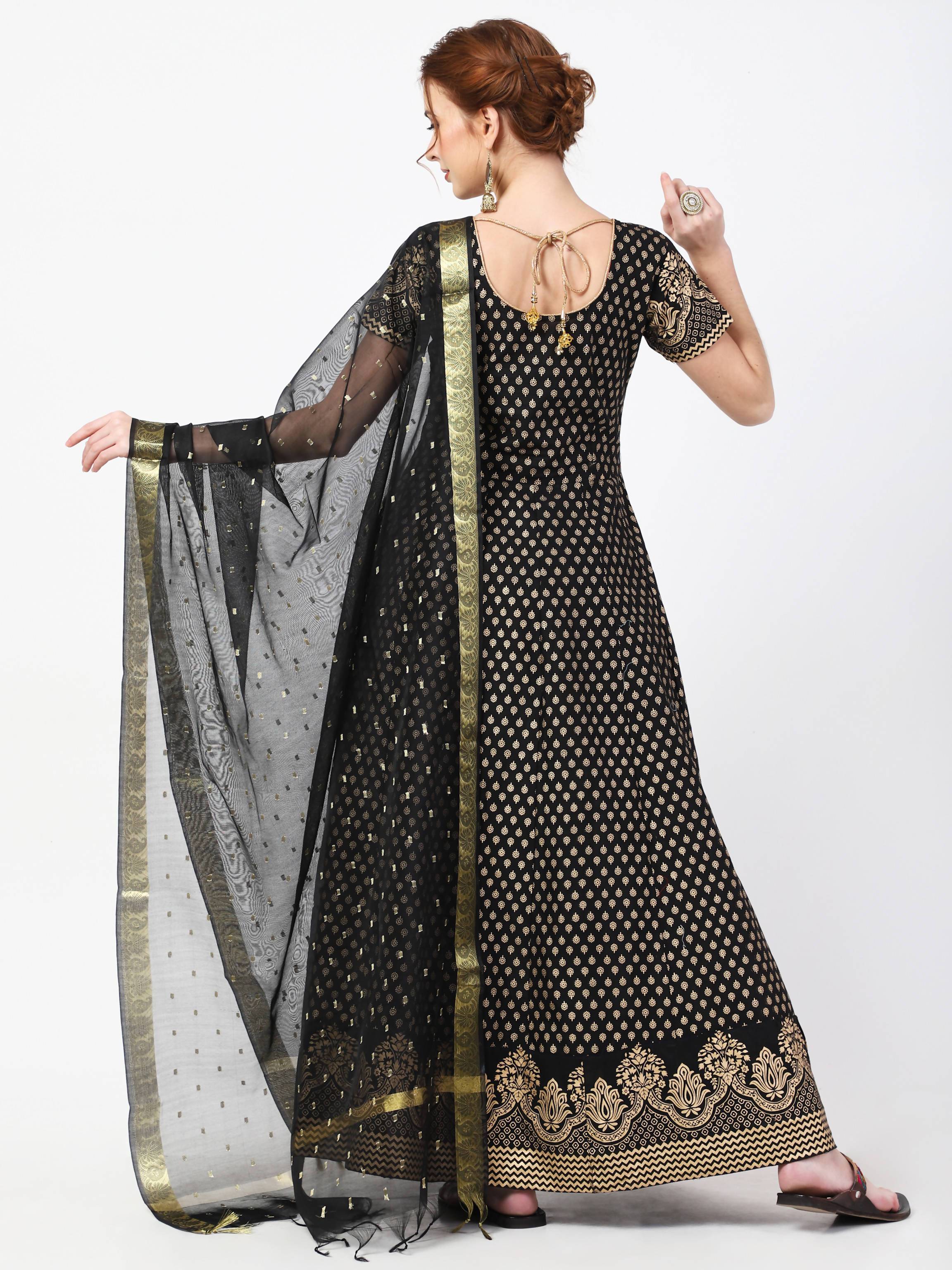 Women's Black Cotton Hand Block Print Long Dress With Silk Dupatta Set - Cheera