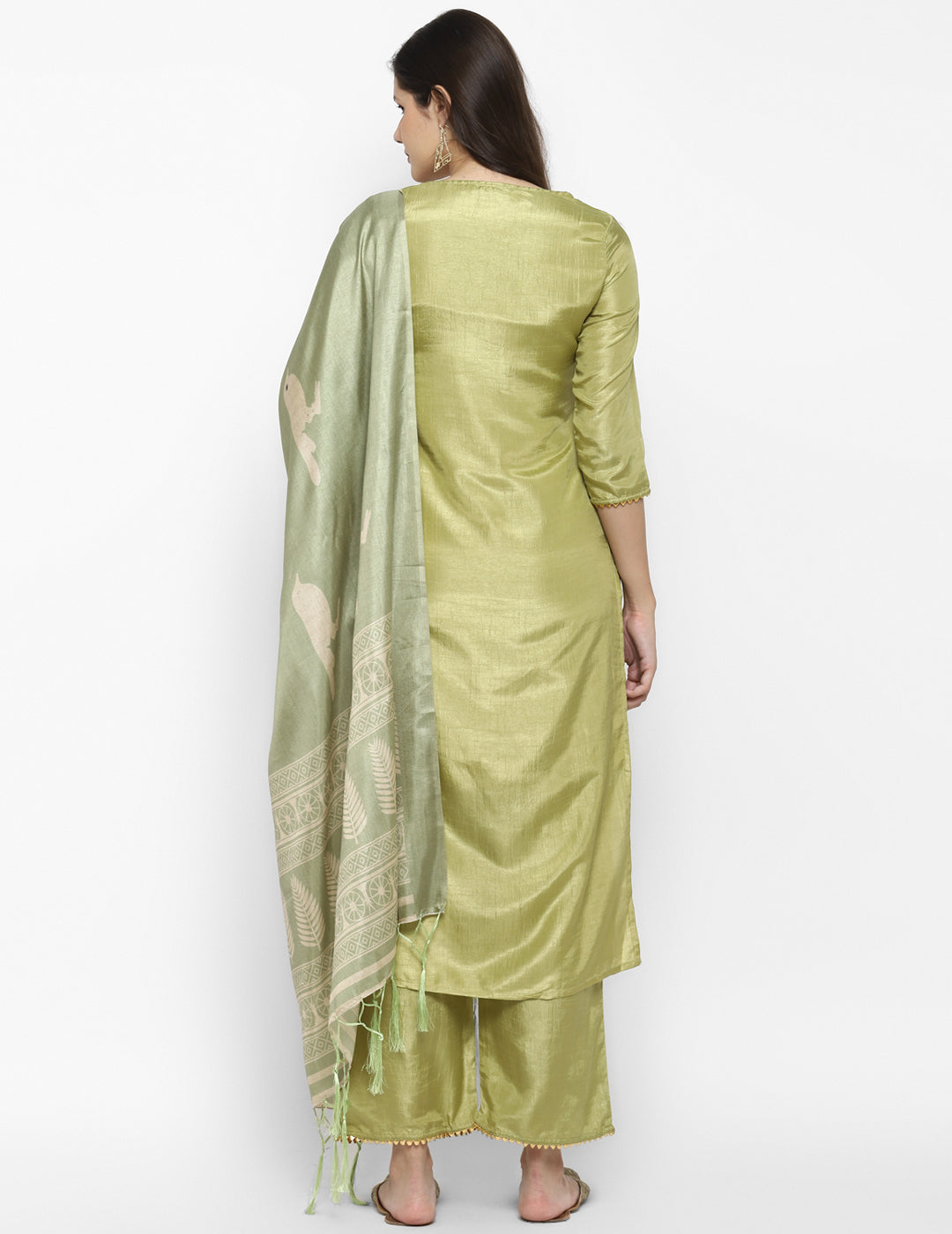 Women's Green Color Silk Blend Straight Kurta Palazzo With Dupatta - VAABA