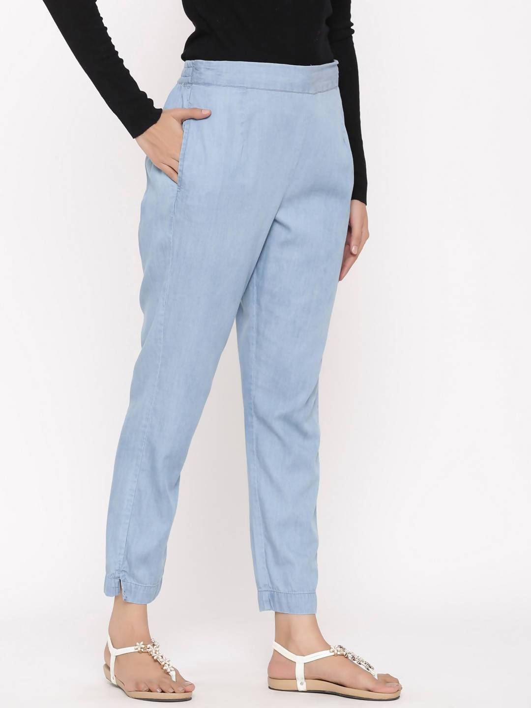 Women's Blue Cotton Solid Straight Pants - Juniper