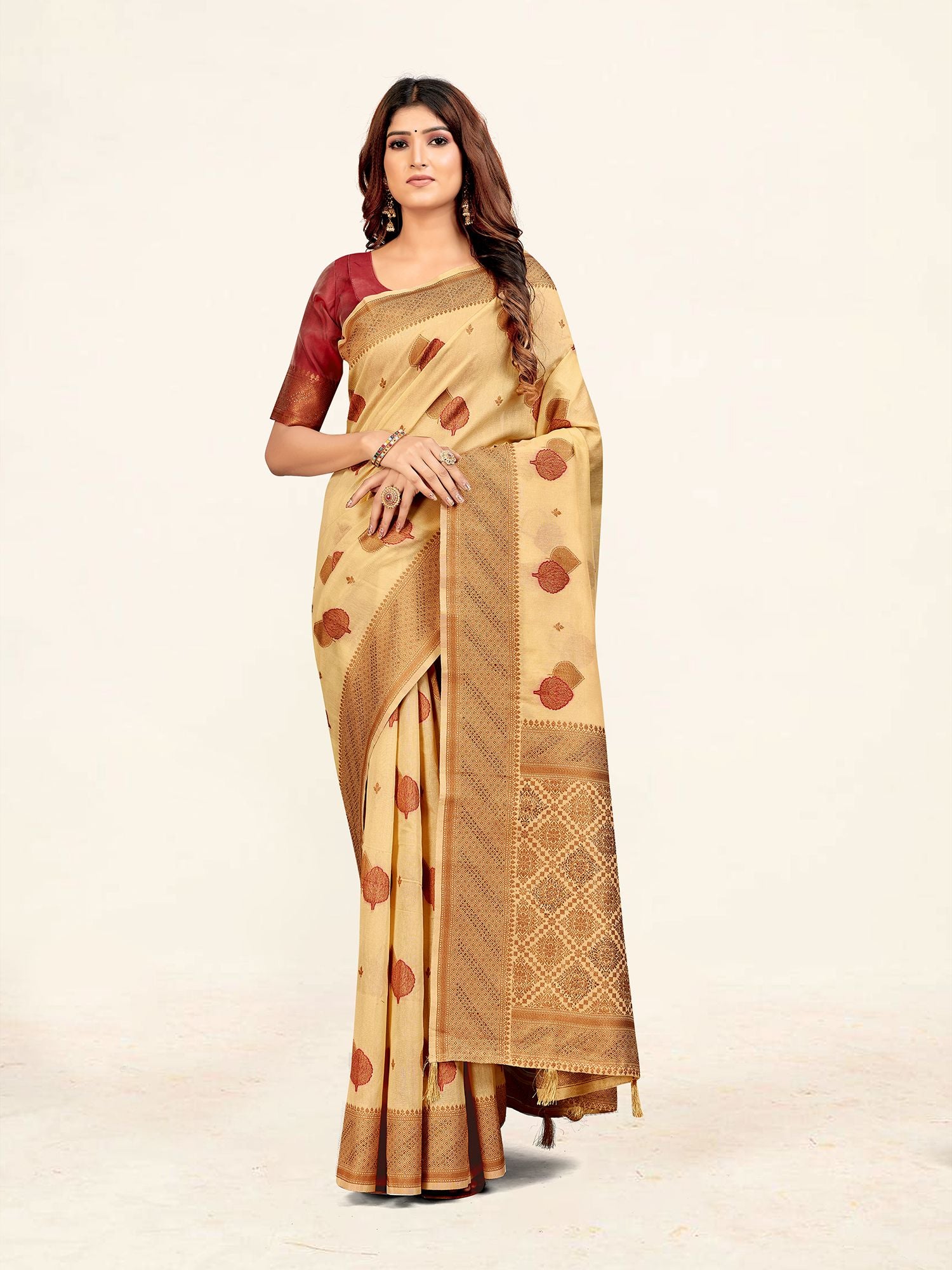 Women's Beige Color Stylish Saree With Blouse Set - Sweet Smile