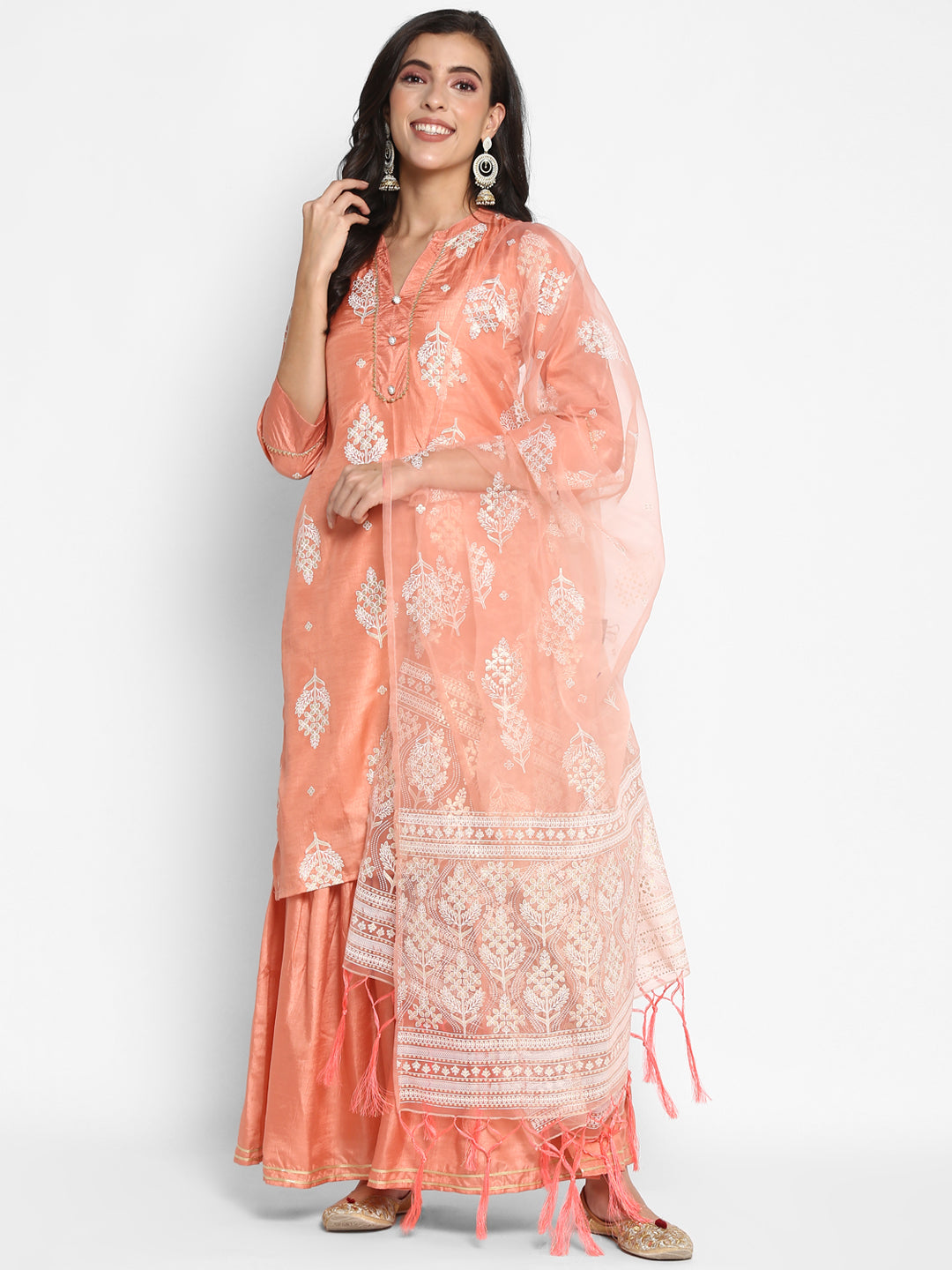 Women's Silk Blend Kurta And Sharara With Dupatta Set - VAABA