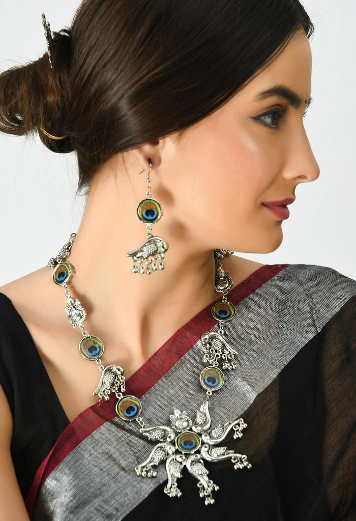 Johar Kamal Oxidised Silver-Plated Peacock design Necklace with Ear