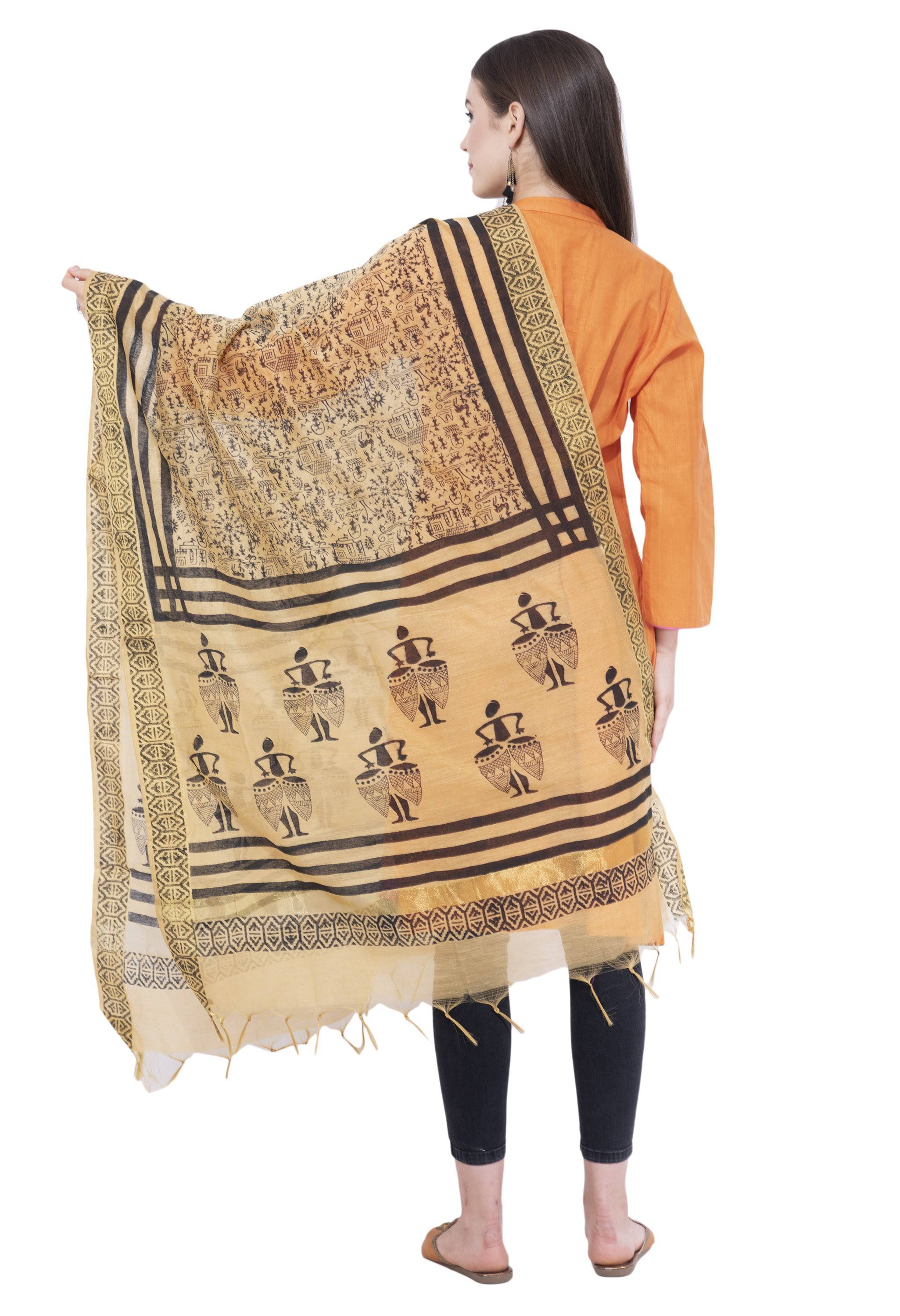 A R Silk Women's Block Print Chanderi Cotton Dark Golden Dupattas and Chunnis