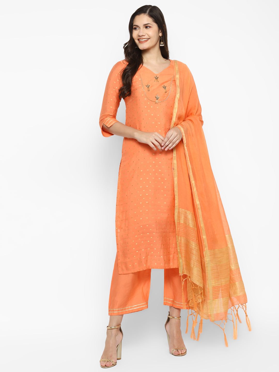 Women's Orange Color Chanderi Silk Embroidered Straight Kurta Palazzo With Dupatta - VAABA