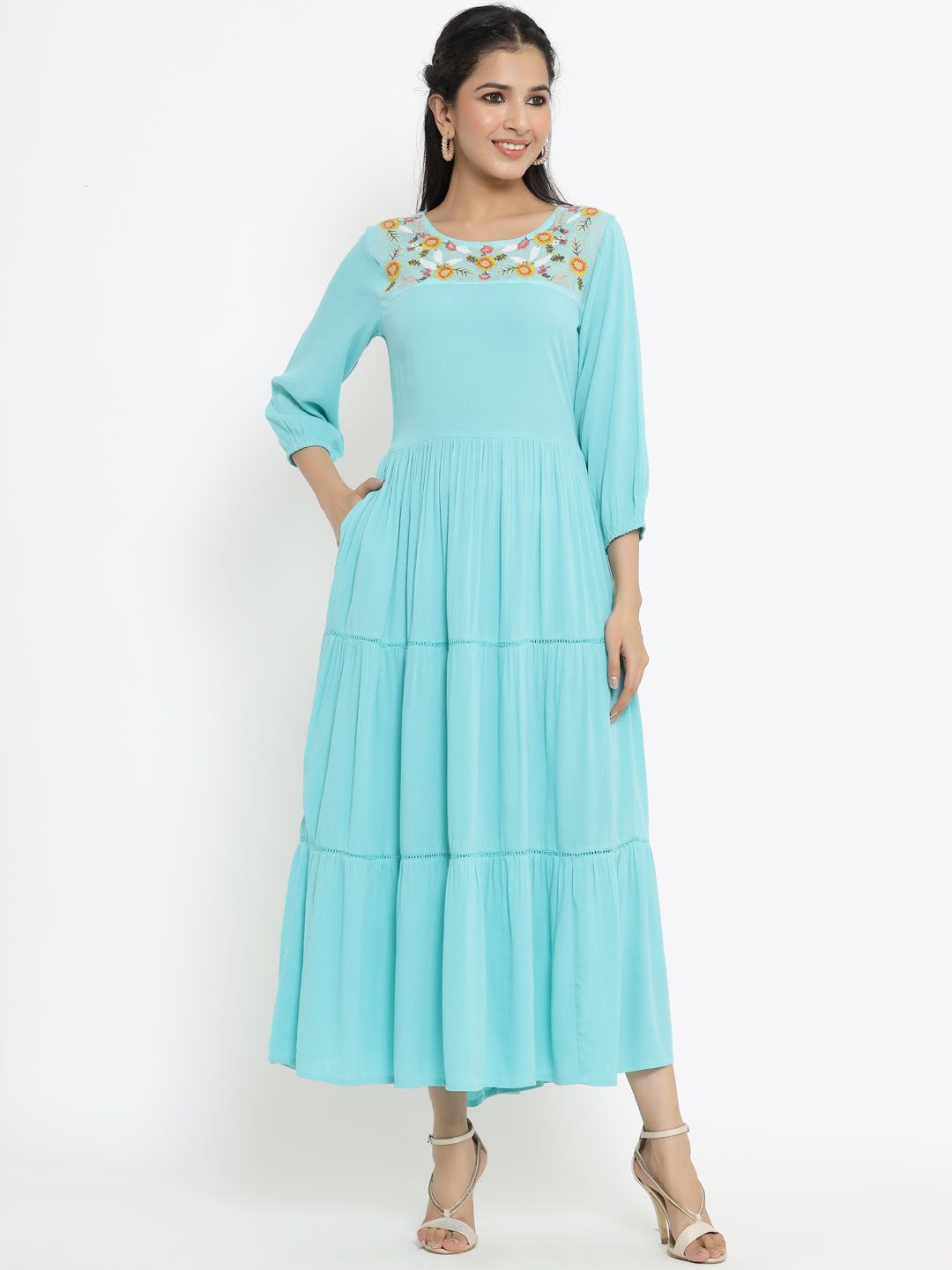 Women's Turq Rayon Crepe Embroidered Tiered Dress - Juniper