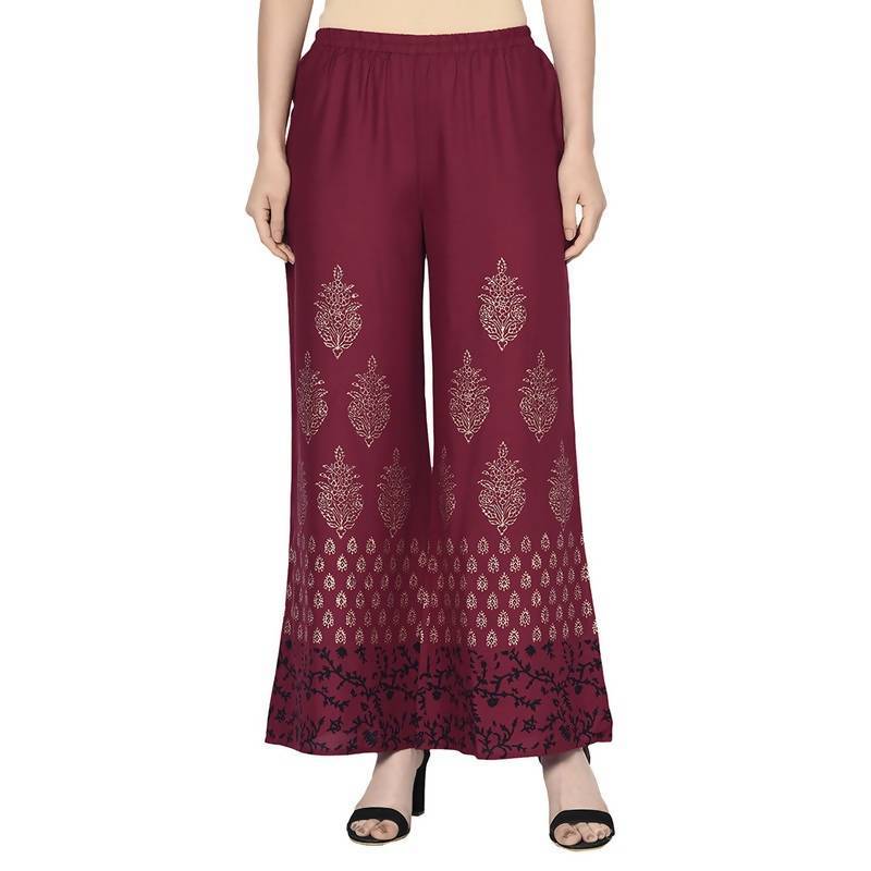 Women's Maroon Rayon Block Print Flared slip-on Palazzo