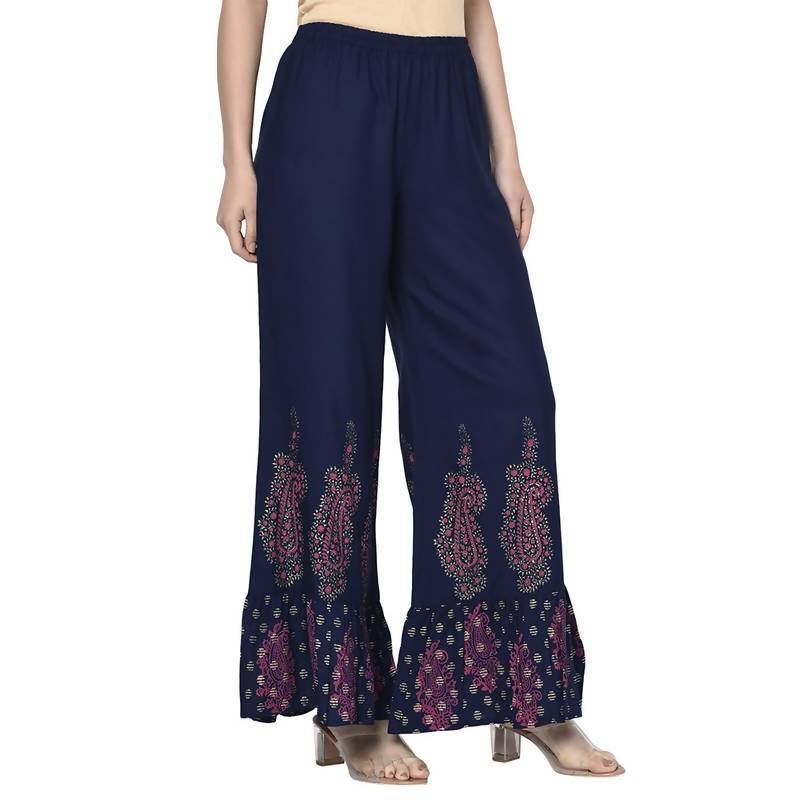 Women's Navy Blue Rayon Block Print Flared slip-on Palazzo