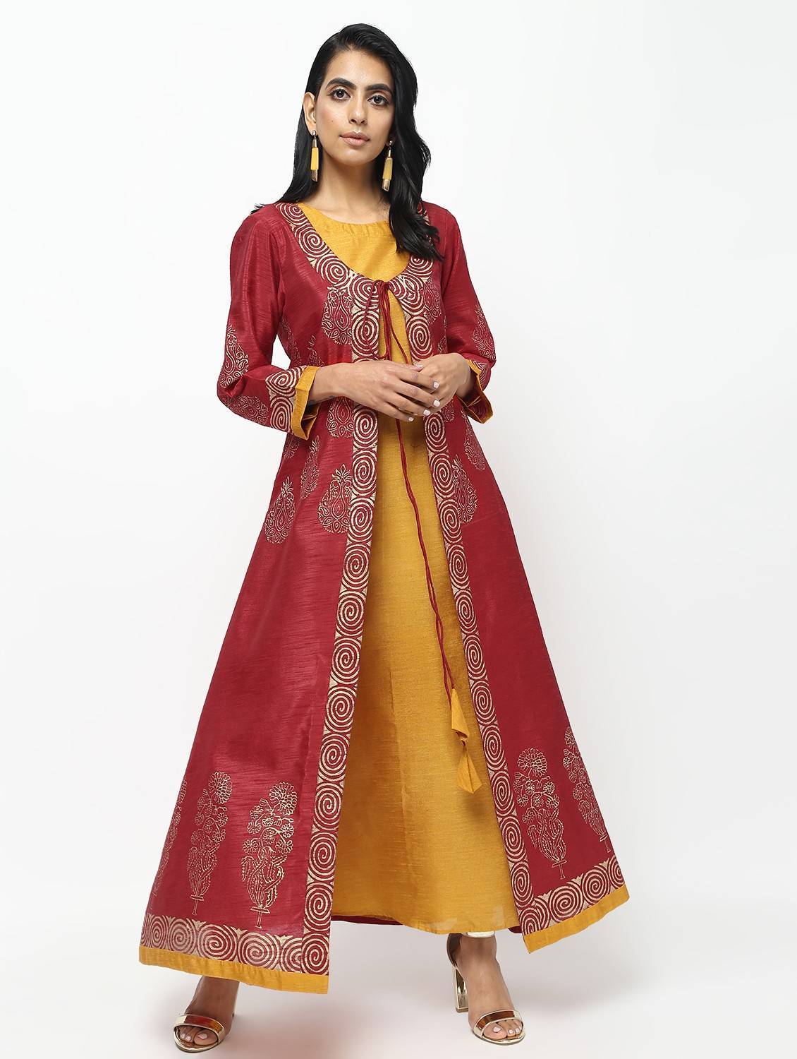 Buy Women's Maroon and Mustard Double Layer Long Anarkali With ...