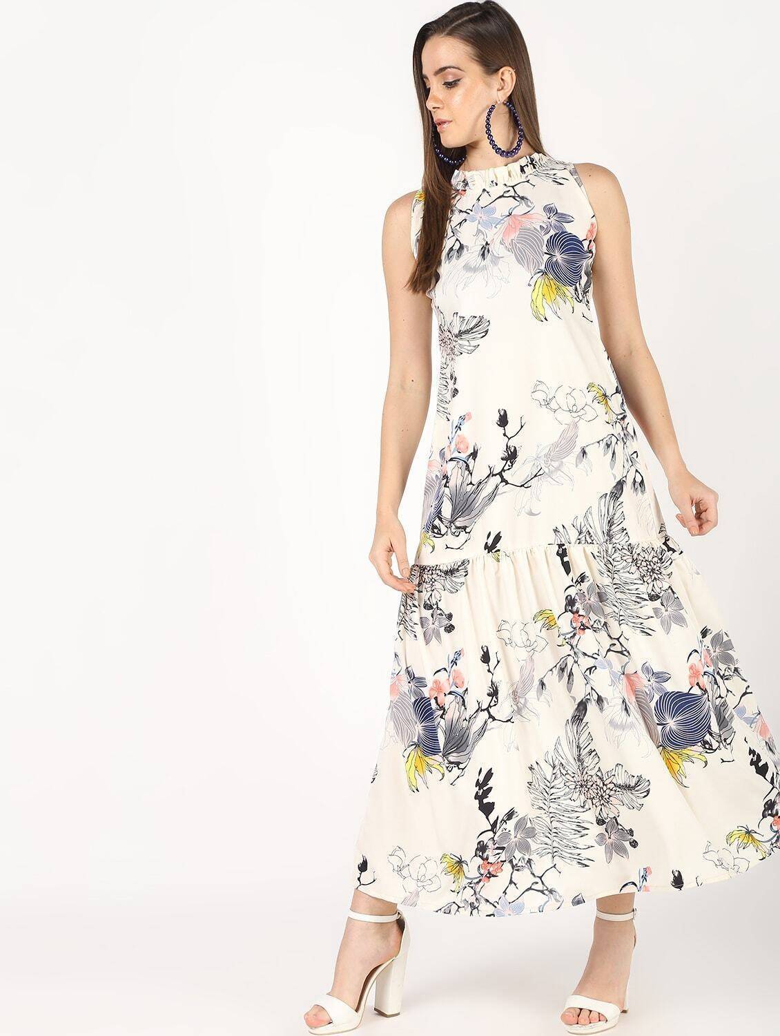 Women's Off White Floral Printed Long A-Line Party Dress - Cheera