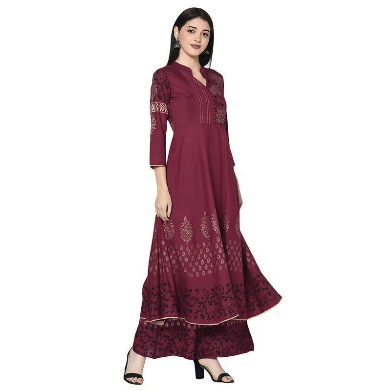 Women's Maroon Rayon Block print Anarkali kurta