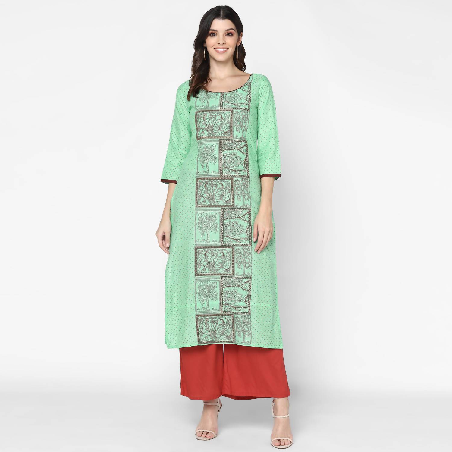 Women's Light Green Cotton Hand Block Print Anarkali Kurta Only - Cheera