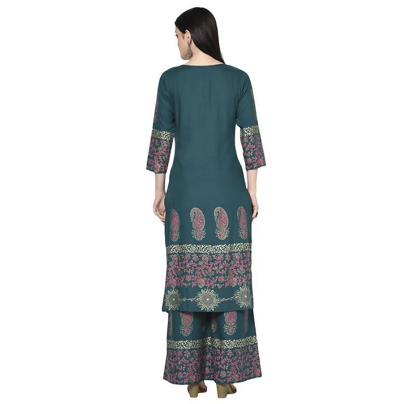 Women's Teal Blue Rayon Block print straight kurta Palazzo set