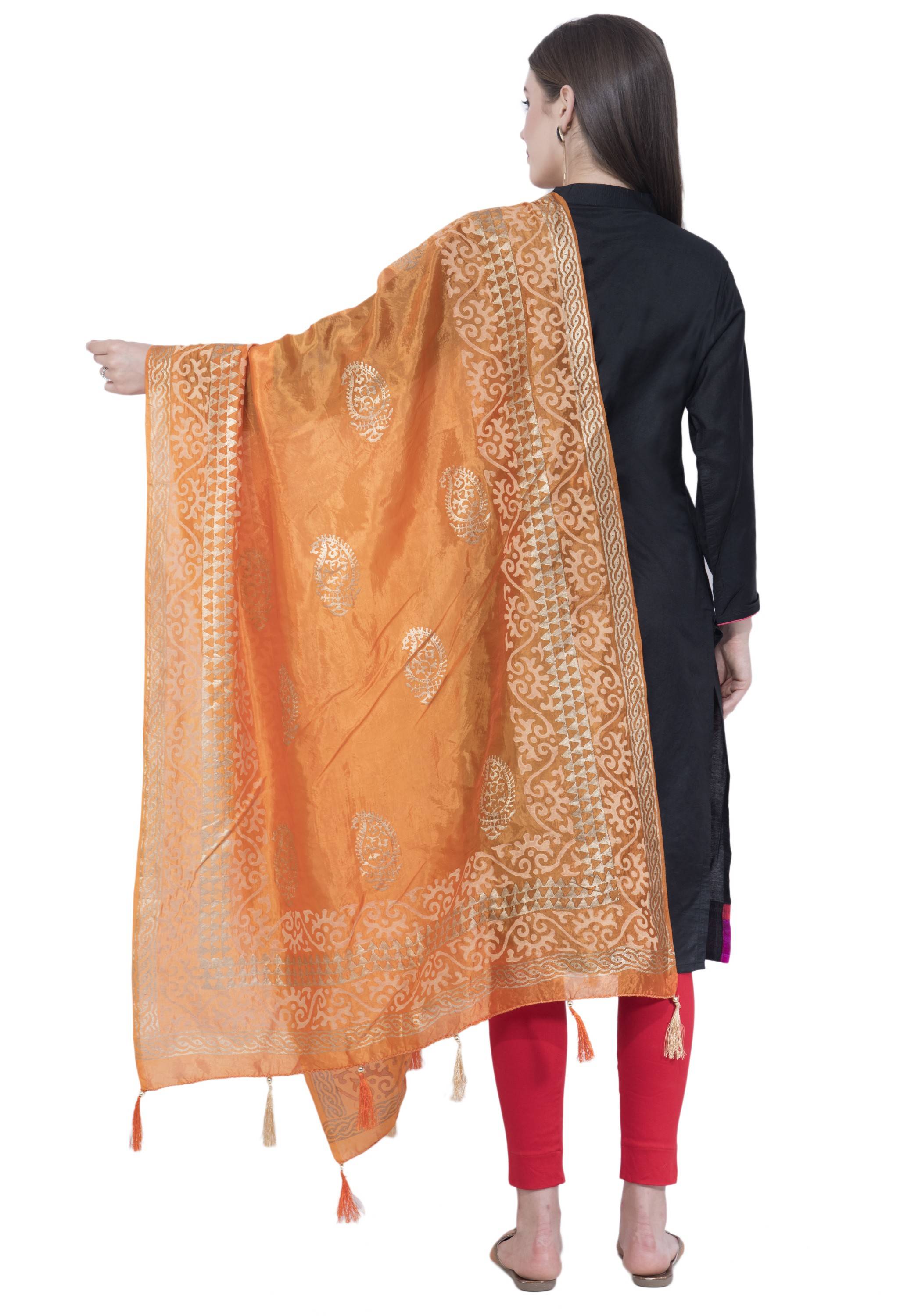 A R SILK Orange Color Silk Pahadi Print Dupattas and Chunnis