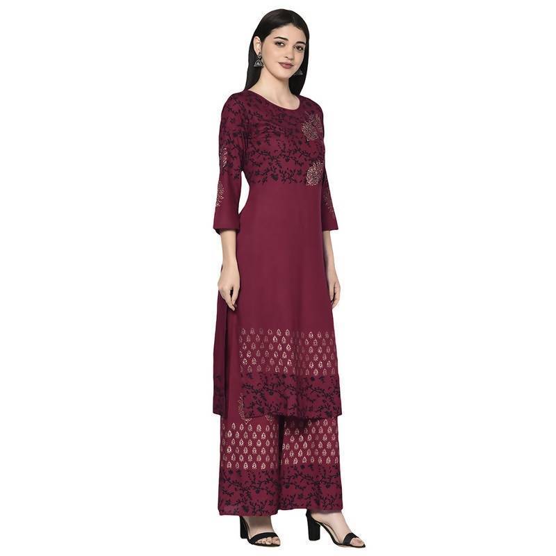 Women's Maroon Rayon Block print straight kurta