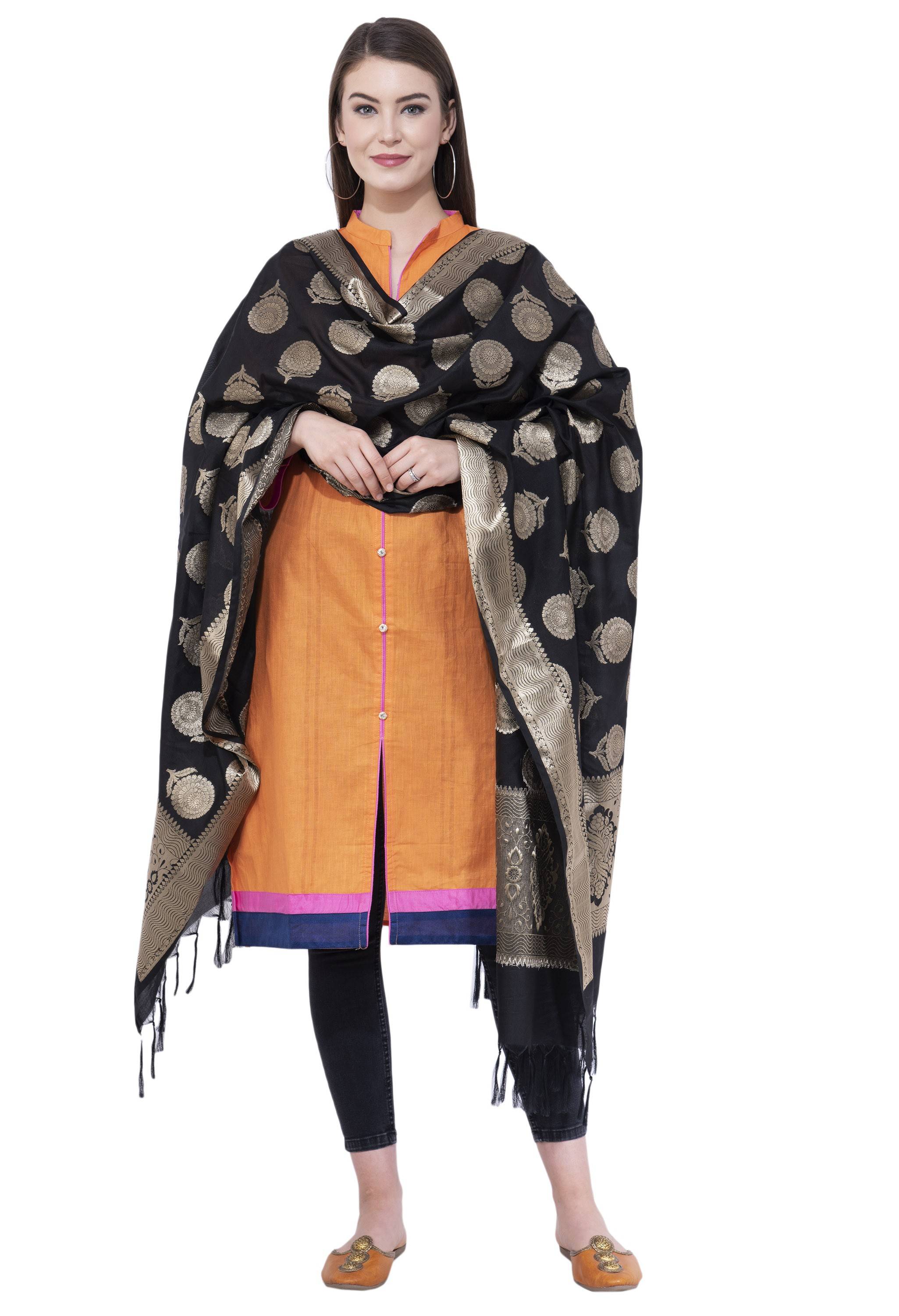 A R Silk Women's Zari Embroidery Vanarsi Silk Black Dupattas and Chunnis