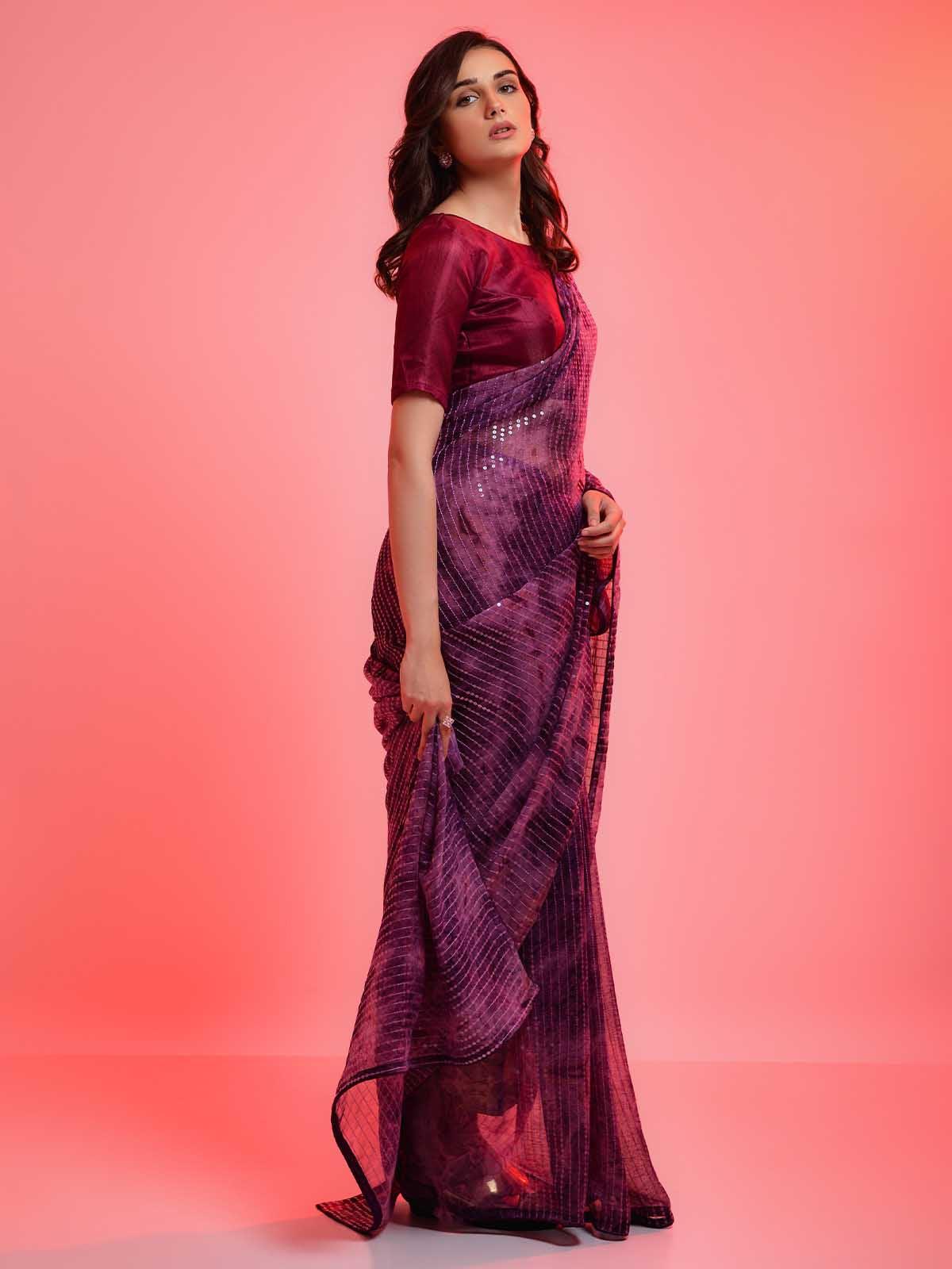 Women's Violet Chiffon With Sequence Work Sequence Saree - Odette