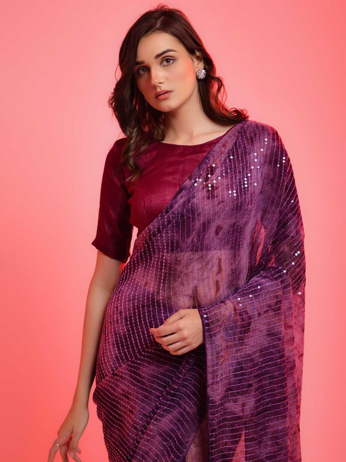 Women's Violet Chiffon With Sequence Work Sequence Saree - Odette