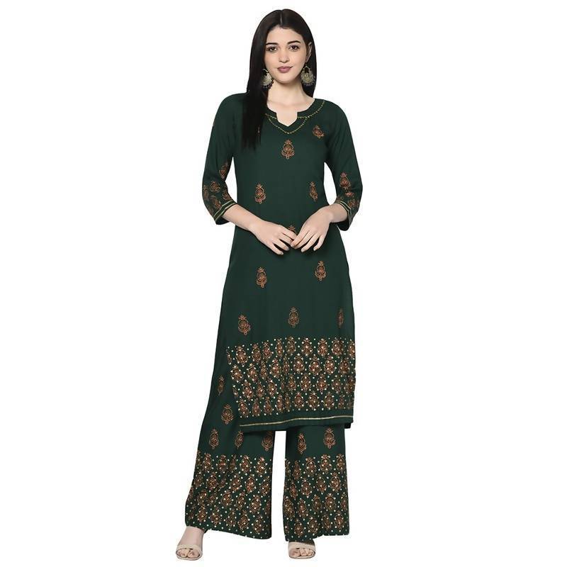 Women's Bottle Green Rayon Block print straight kurta Palazzo set