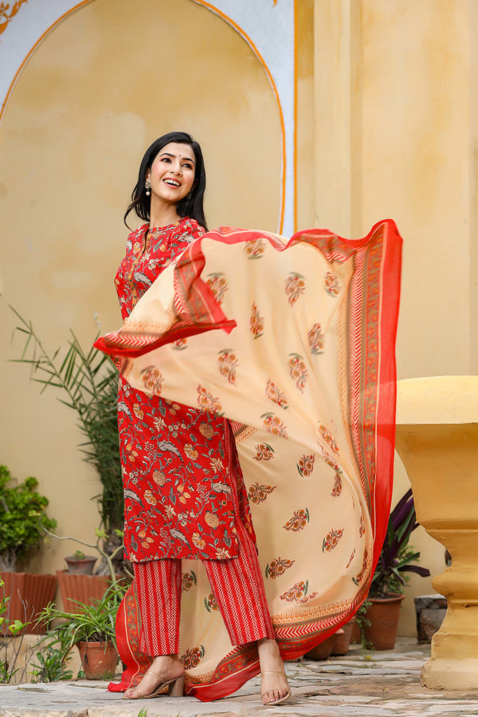 Women's Cotton Printed Kurta Pant Dupatta Set