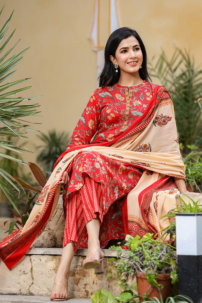 Women's Cotton Printed Kurta Pant Dupatta Set