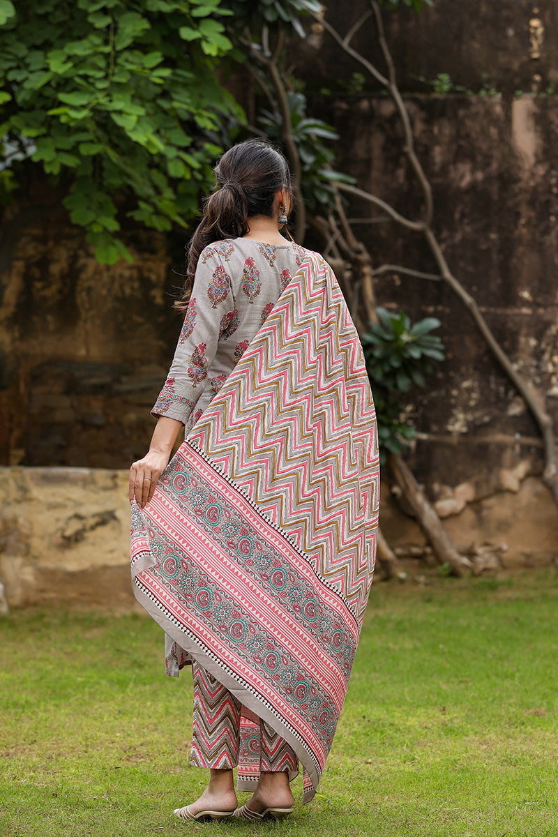 Women's Cotton Blend Printed Kurta Pants And Dupatta Set - Ahika