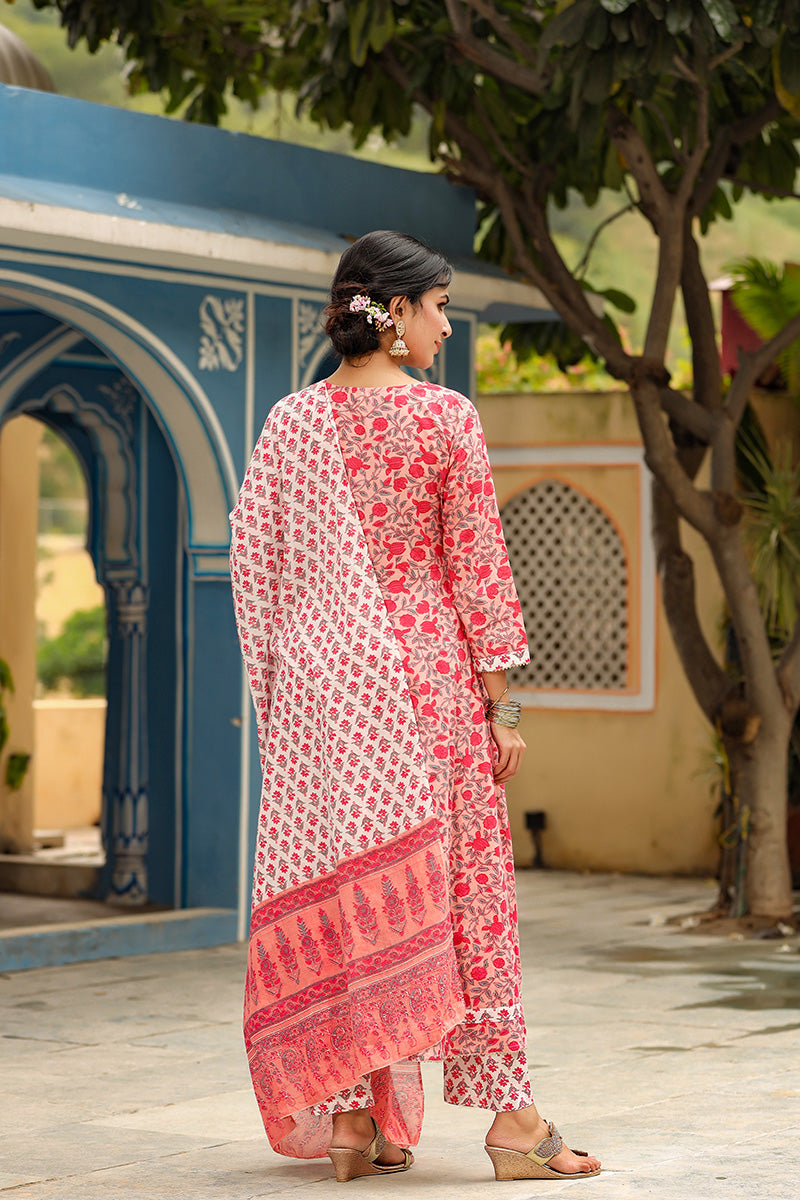 Women's Cotton Pink Ethnic Motifs Printed Anarkali Kurta Pants And Dupatta Set - Ahika