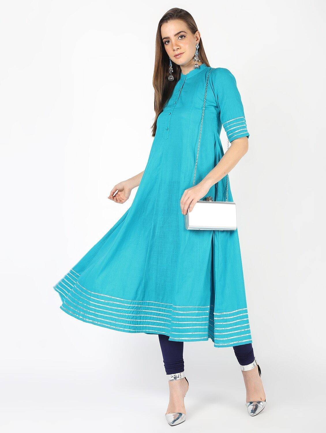 Women's Sky Blue Kalidar Anarkali Dress Cotton Kurta With Gotta Work - Cheera